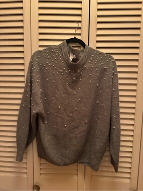 H&M Grey Pearl-Embellished Crew Neck Sweater